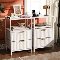 Black Nightstands Set of 2 with Fabric Drawers, Fluted Nightstands with Charging Station, Night Stand Set of 2, Small Bedside Ta 2