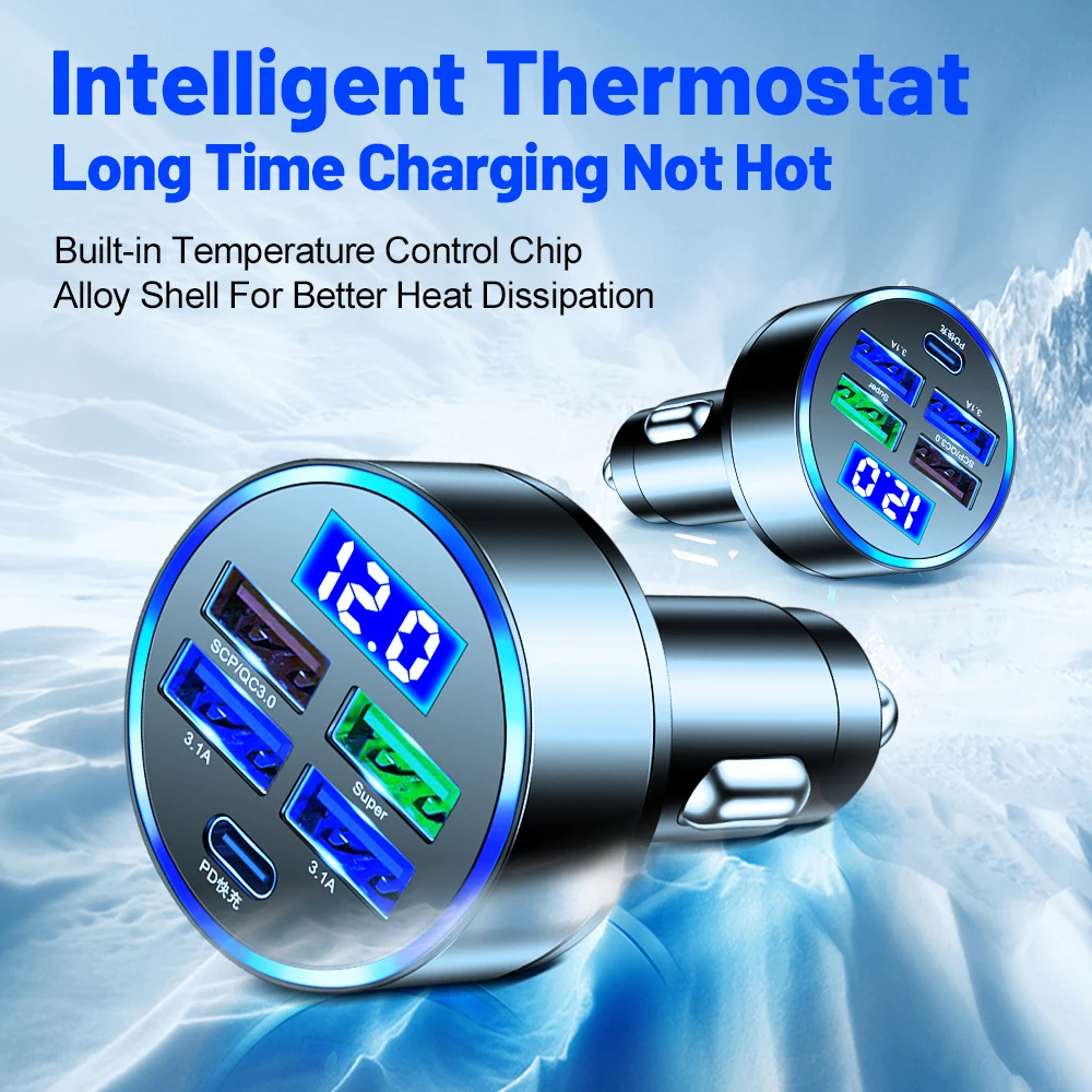 250W PD QC3.0 Car Charger 5 Port Cigarette Lighter Splitter Fast Charge Digital Display For iPhone Samsung Xiaomi Huawei Phone