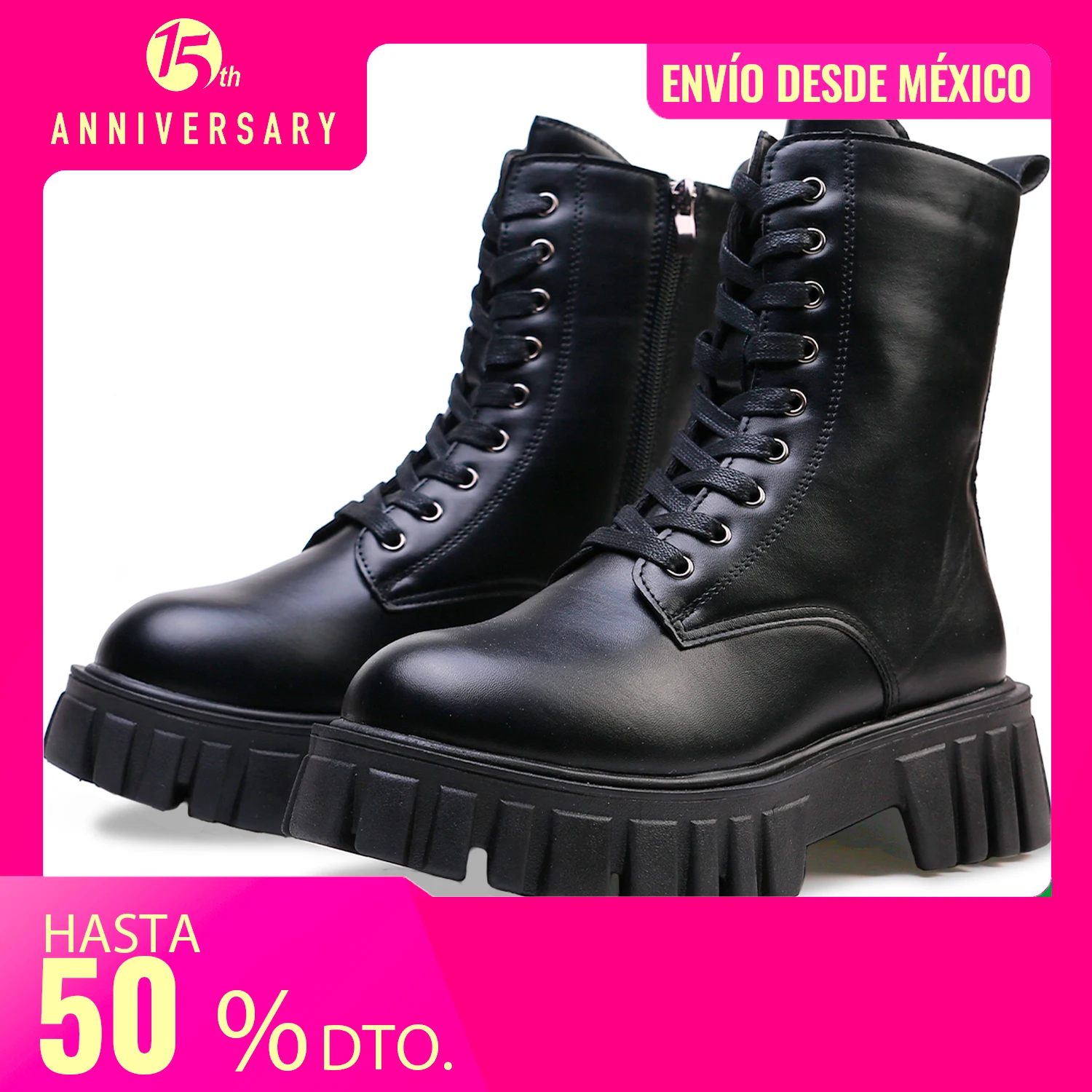 Botas de Combate Negro con Cordon Minimalista con Cremallera Lateral Botas para Dama Shendy Vendy de Media Pantorrilla Plano Artificial Microfibra