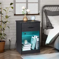 Set Of 2 Nightstand End Table with Charging Station&LED Lights Bedside Table 3