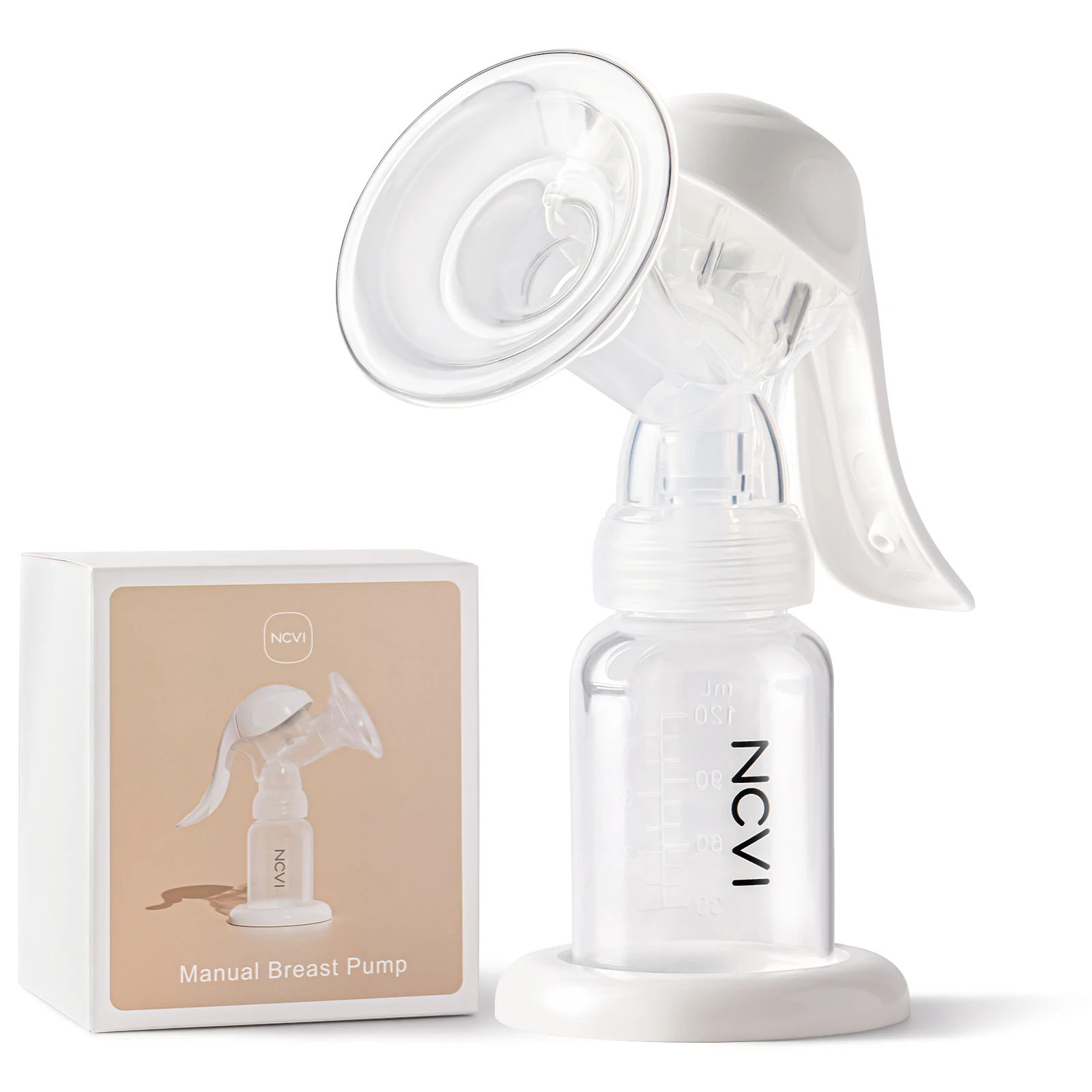 NCVI Manual Breast Pump White Anti Reflux Design Silent 2-Level Suction Selection 4oz 20mm Silicone Soft Flange BPA Free