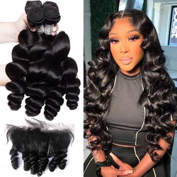 30 inch Loose Wave Bundles With Closure 100% Remy Human Brazilian Hair Weave 3 Bundles With Lace Frontal 13x4 Loose Deep Wave