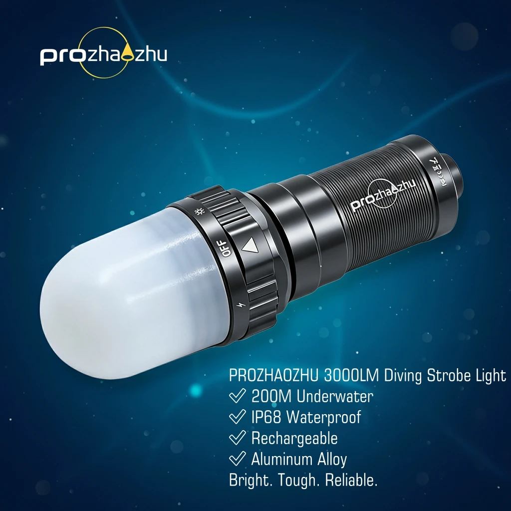 PROZHAOZHU 3000 루멘 수중 다이빙 스트로브 충전식 26650 배터리 IP68 방수 150M 깊이 스쿠버 비콘 신호등