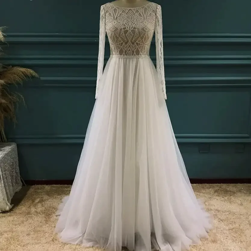 

15994# Simple Long Sleeves Boat Neck Lace A-line Wedding Dress Tulle Bride Gown For Women
