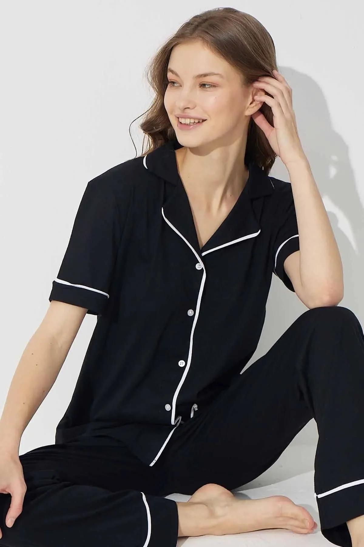 

100% cotton Short Sleeved Cotton Buttoned Connecting Rod Pajama Set Women's Pajama Models Popular Pajamas