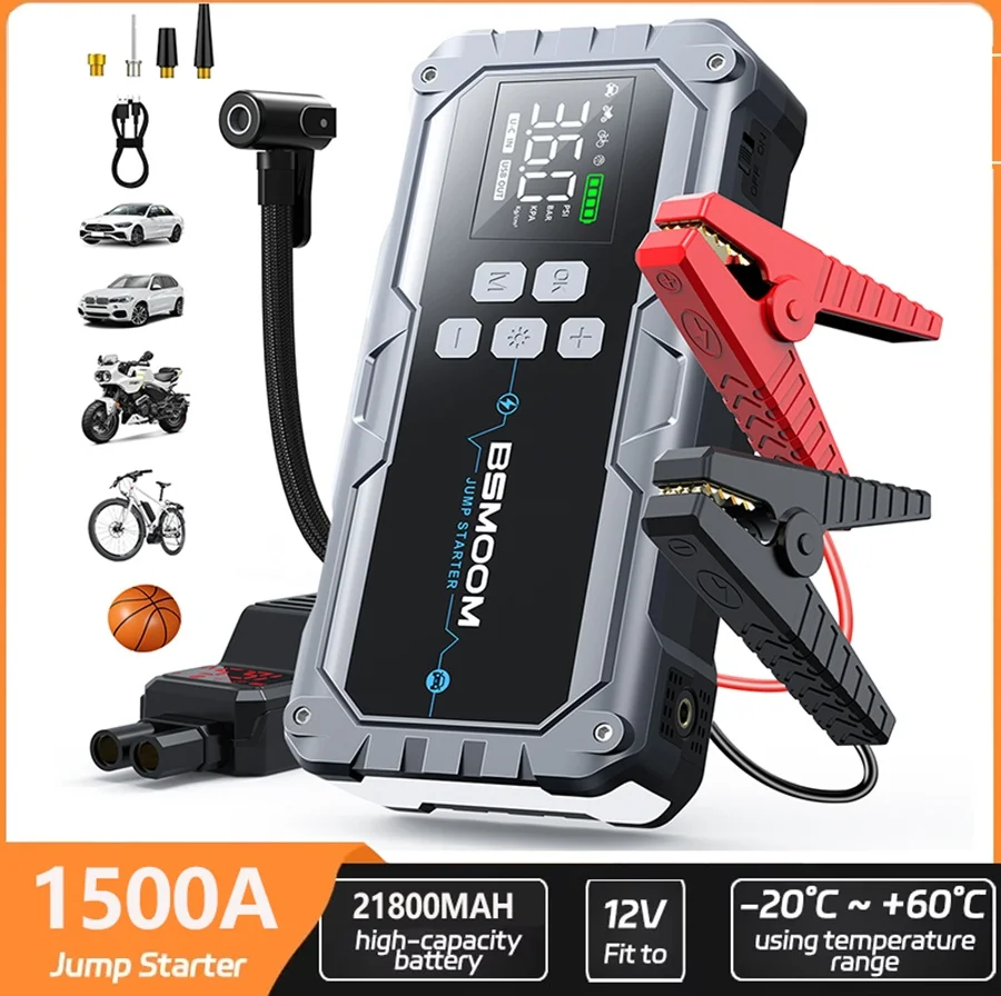Démarreur de voiture 4-en-1 avec compresseur d'air 150Psi, batterie externe 21800mAh, démarreur 1500A, gonfleur de pneus numérique 15V, chargeur de voiture, booster de batterie de voiture, batterie externe, lampe torche LED 3 modes, batterie externe 12V, Avv 1