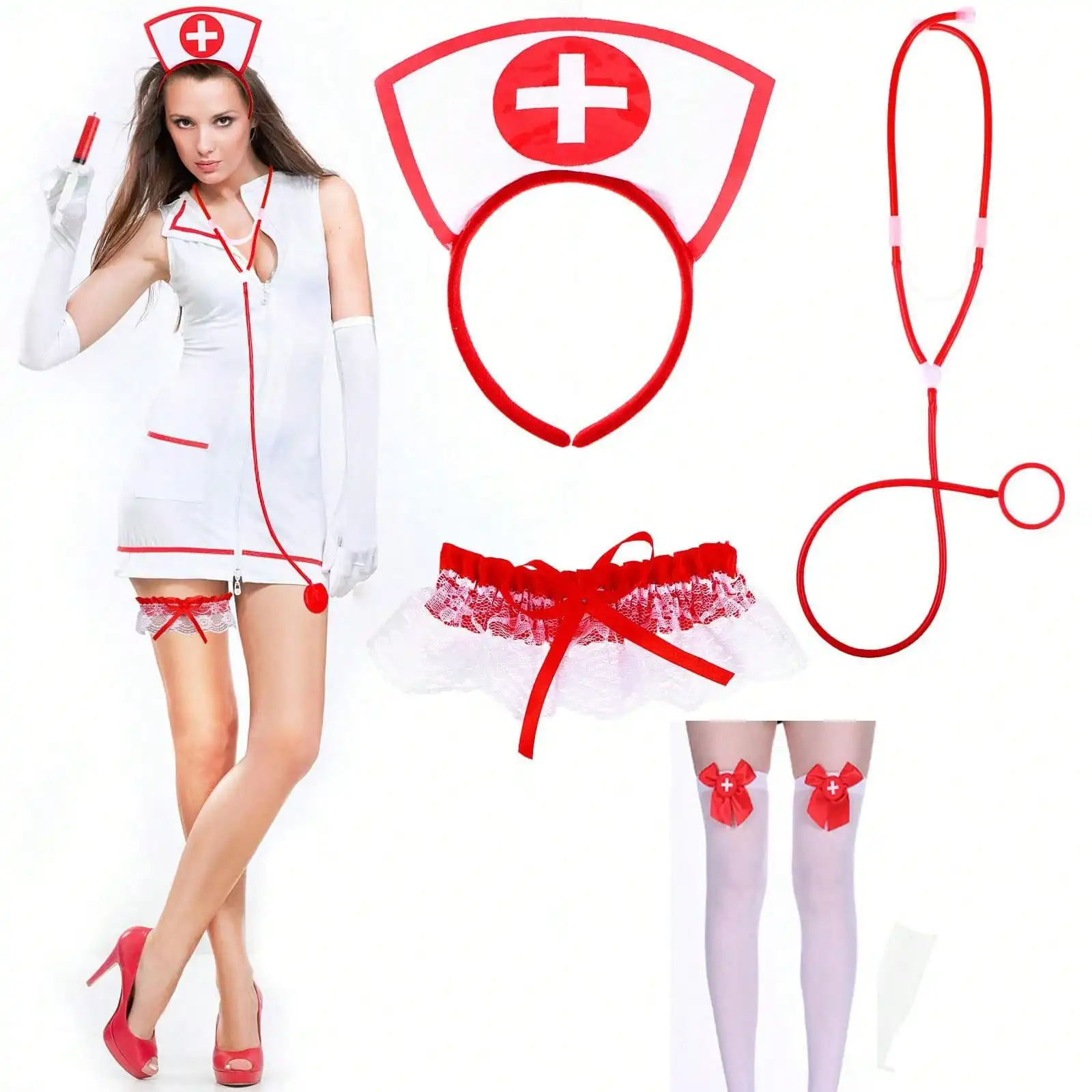 5Pcs Nurse Cap Stethoscope Pen Sexy Nurse Headdress Hairband Lace Red Cute Cosplay Clothes Dress Up Masquerade Role Play Party