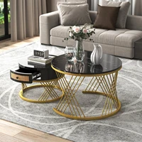 Rosahqnda Table basse ronde 2 en 1 MDF avec plateau en marbre et tiroirs en plastique 6