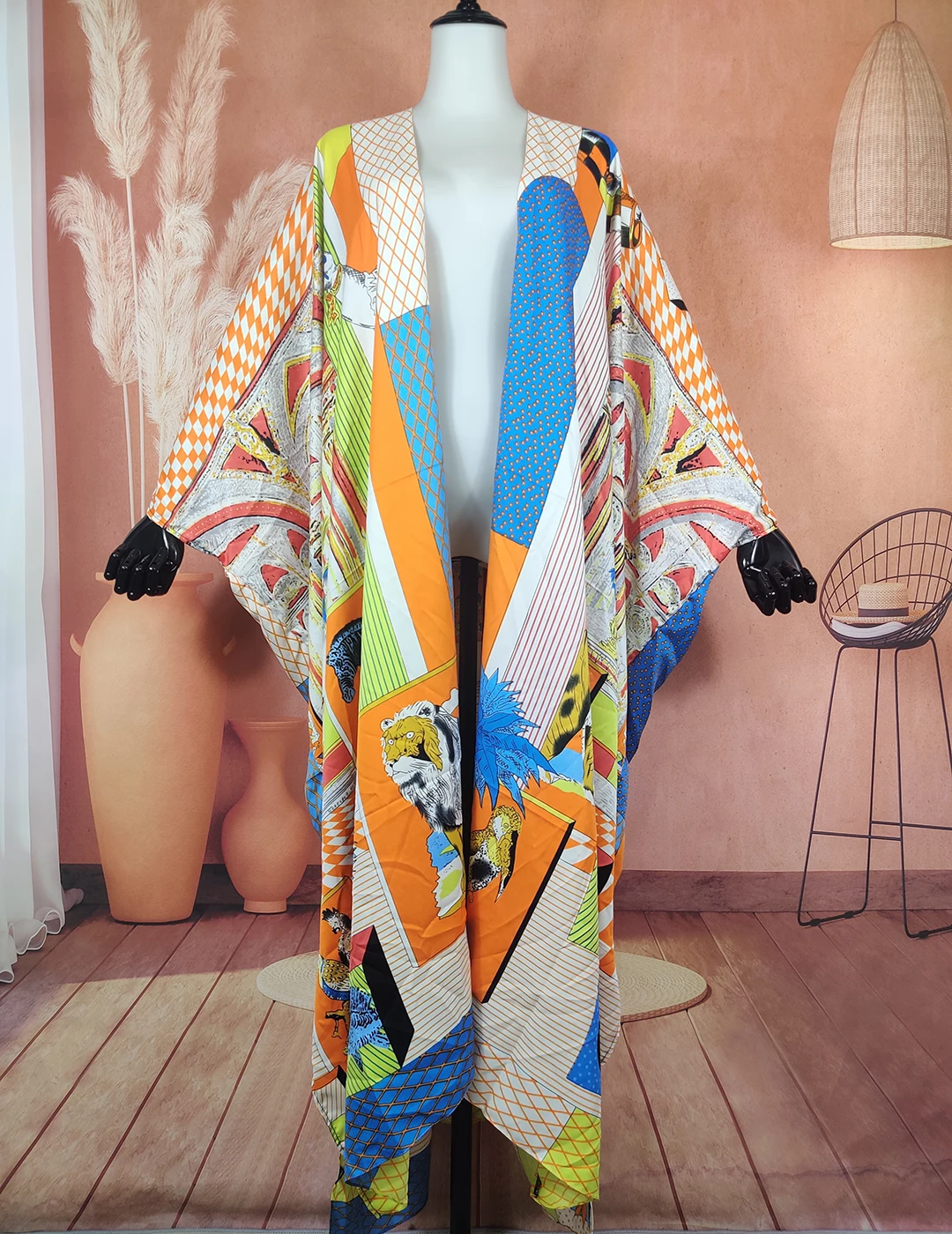 Dubai Traditional Fashion Summer Bohemian Twill Silk Women's Beach Cover Up African Loose Outlet Printed Duster Coat For Lady