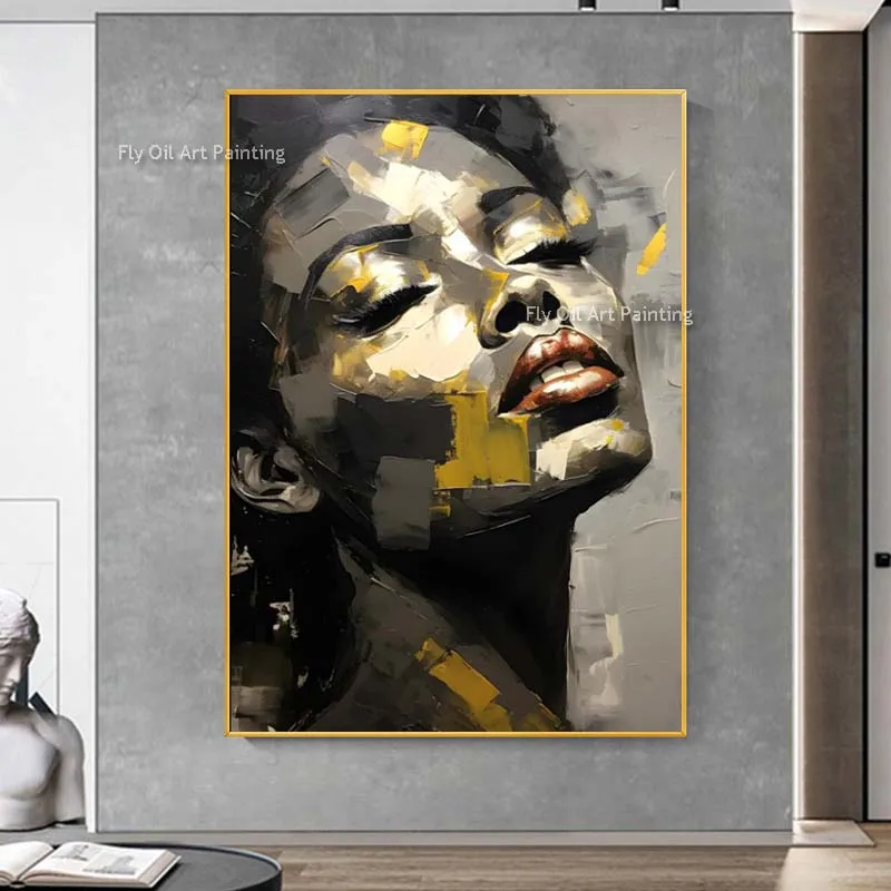 

Portrait Of An African Woman Oil Painting Hand Painted Impressionist Artwork Of Black Woman In Grey And Gold Canvas Wall Decor