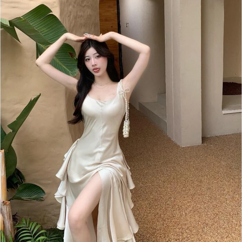 

Fashion French Retro Acetate Long Party Club Dress Ladies Elegant Robe Sexy Sleeveless Strap Backless Beach Vacation Satin Dress