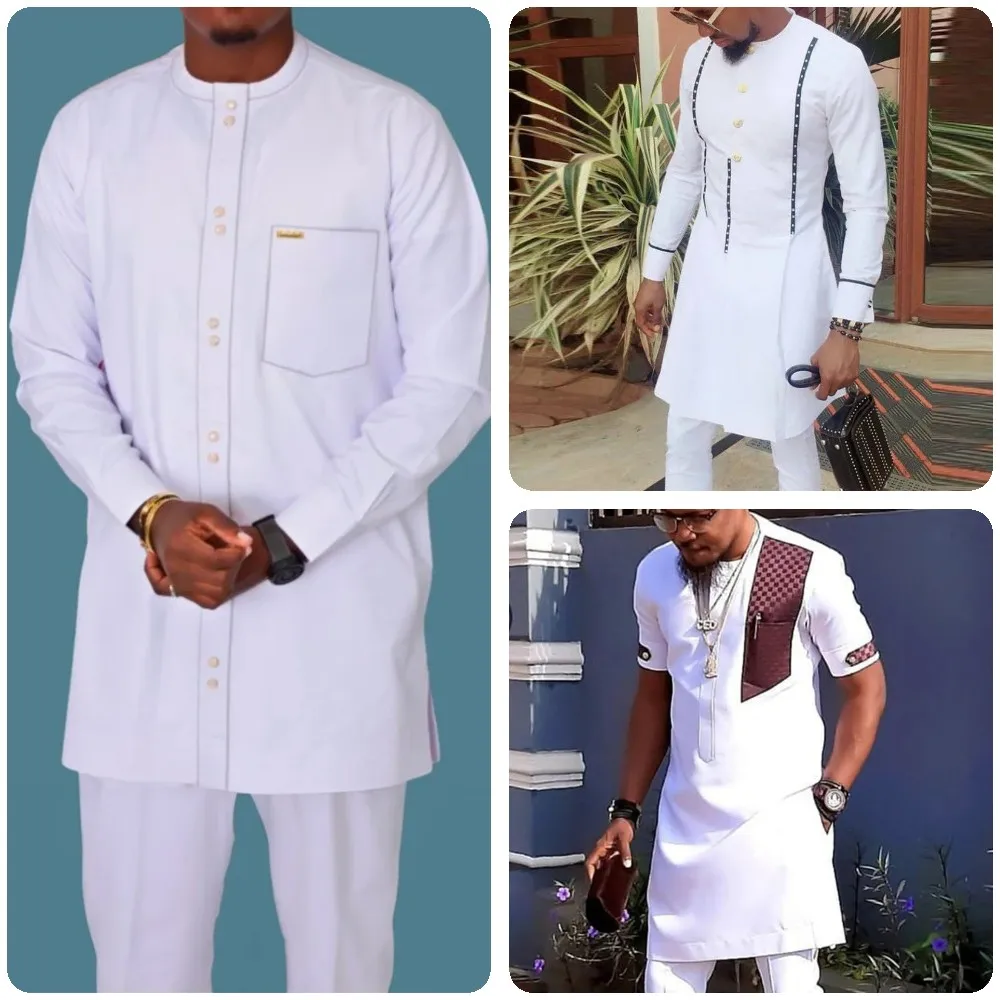 2023 Men White Off Dashiki Long Sleeve 2 Piece Set Traditional Outfit Africa Clothing White Men's Suit Male Shirt Pants Suits