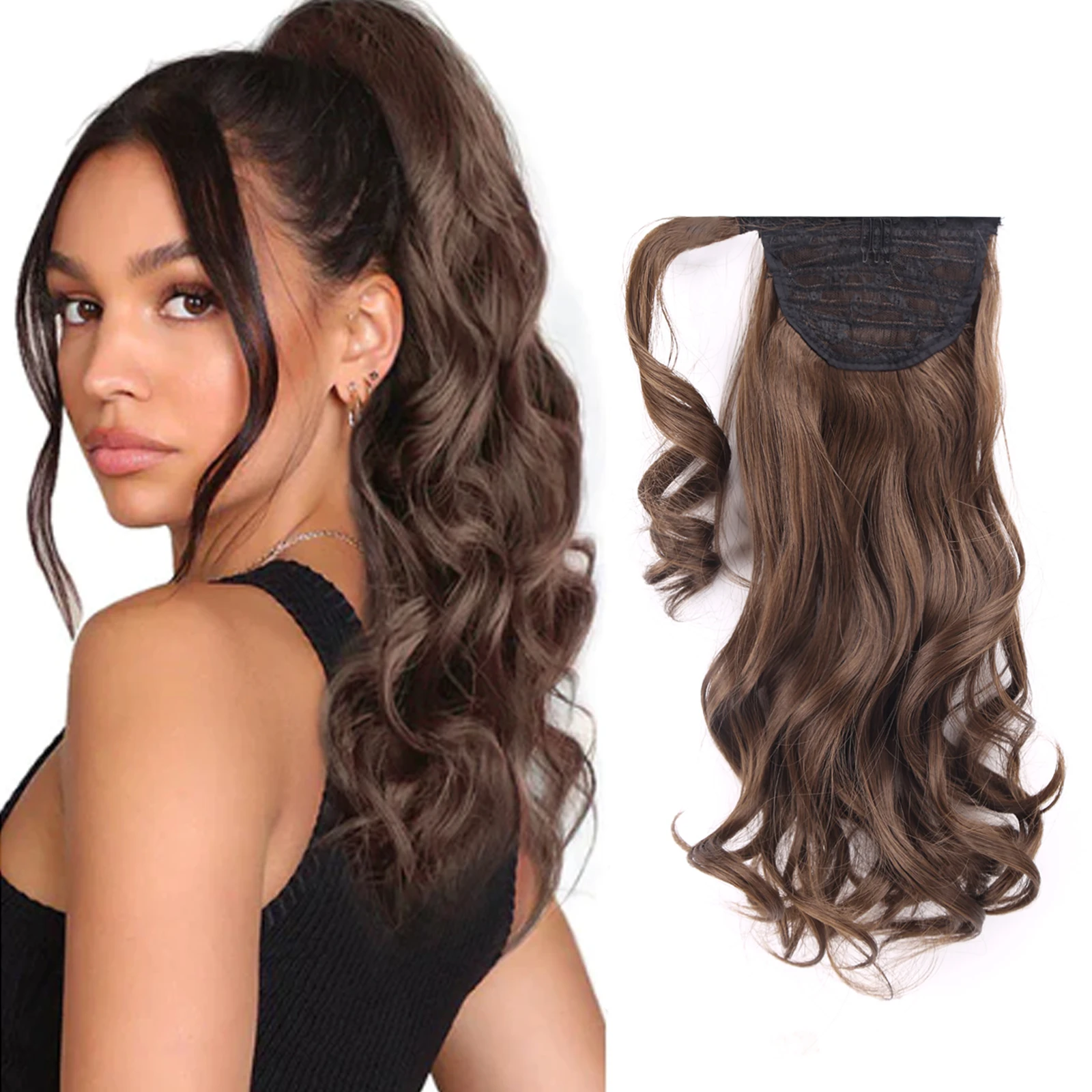 New Fashion Natural Wave Ponytail Extension 18 Inch Brown Color Synthetic Hairpiece Wrap Around Long Curly Wavy Hair