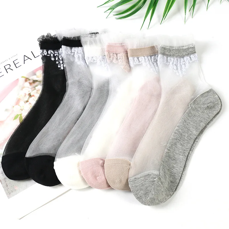 

DONG AI 1 Pairs Women Socks Korea Style Summer Casual Harajuku Transparent Crystal Lace Breathable Ultrathin Glass Silk Sox Meia