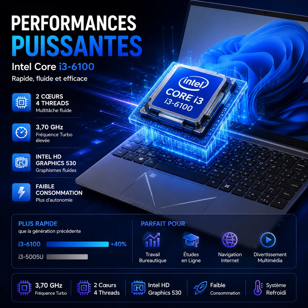 15.6-inch Full HD IPS Laptop with Intel Core i3, Windows 11 Pro, 16 GB RAM, 512 GB SSD, Wi‑Fi 5, Bluetooth 5.0, French keyboard, keyboard protective film, fingerprint reader, lightweight laptop for students, work, and desk use, 1920x1080 display