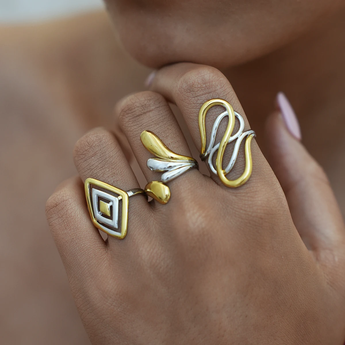 Modisches Geometrie-Design, 316L-Edelstahlringe, 18 Karat vergoldet, wasserdicht, hochwertiger Schmuck für den täglichen Gebrauch, Urlaub am Meer – Detail 5
