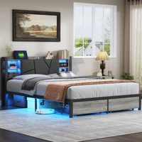 Кровать с обивкой 140x200 см. Двуспальная кровать со светодиодной подсветкой. Металлическая кровать с 2 ящиками и решетчат — изображение 3