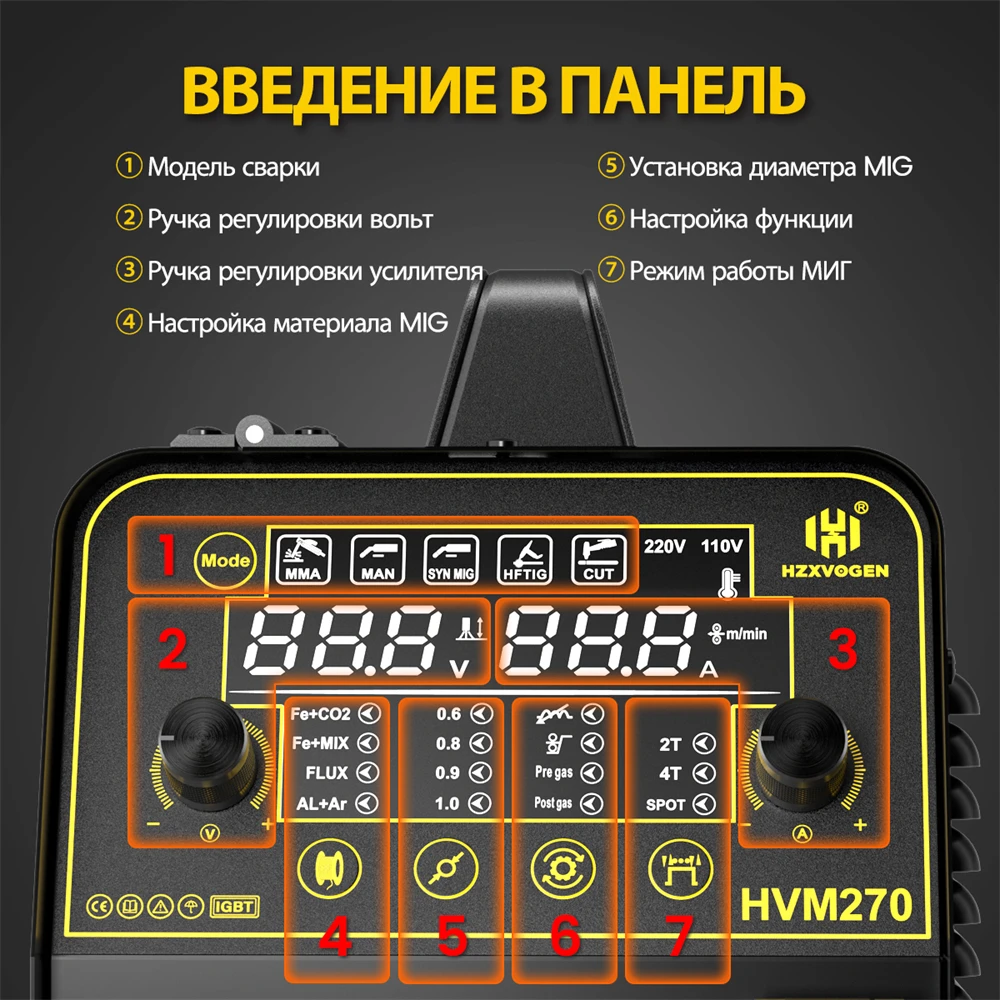 HZXVOGEN 270A 6 in 1 Aluminum Welding Machine CUT/MIG GAS GASLEE/MMA/HF TIG Digital Screen 2T 4T Spot Welding Inverter Welder
