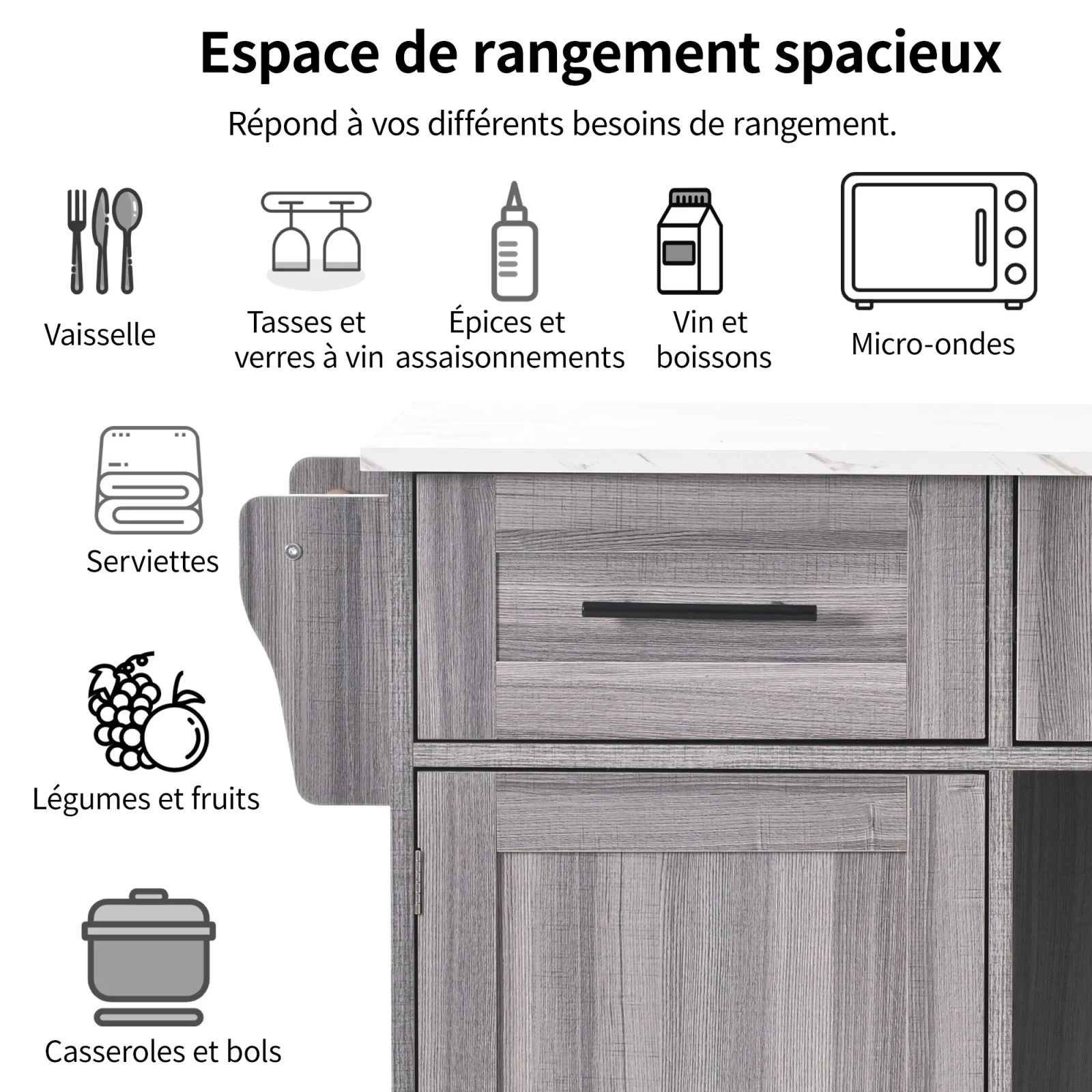 Rosahqnda 139x46 (71)x91,5cm großer Servierwagen mit 4 Rädern, Seitenschrank, Schrank, klappbarer Arbeitsfläche,Küchen-Sideboard – Detail 25