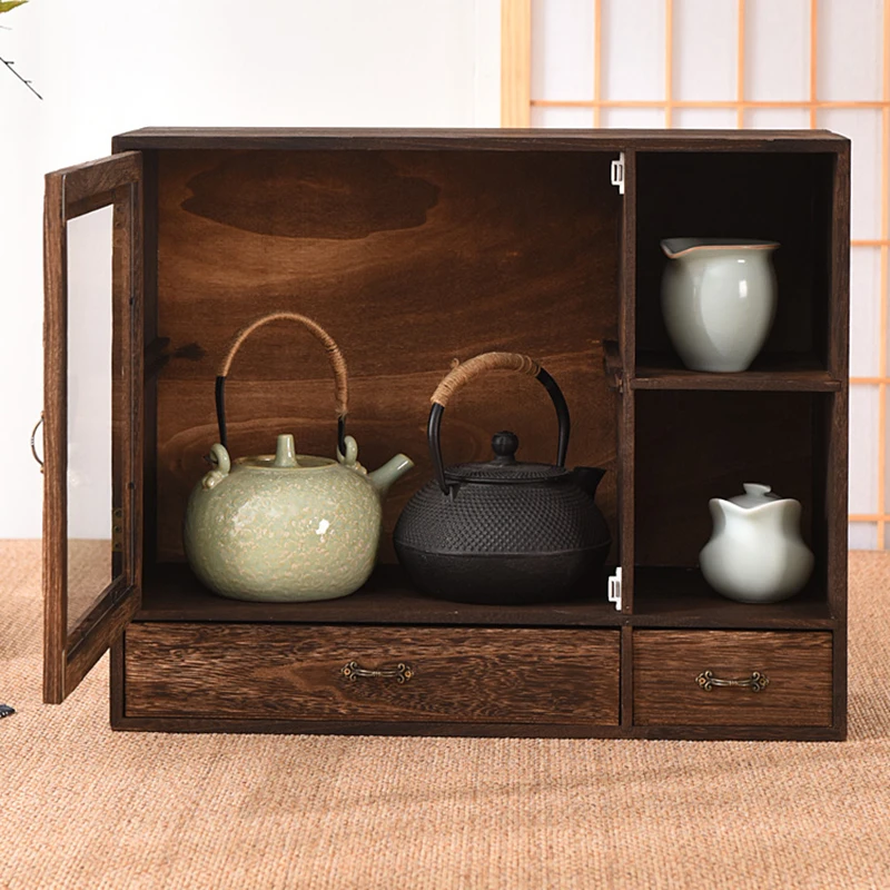 Solid wood dustproof desktop storage box modular detachable cosmetic shelf tea set organizer tea cup holder bookcase teapot latt 5