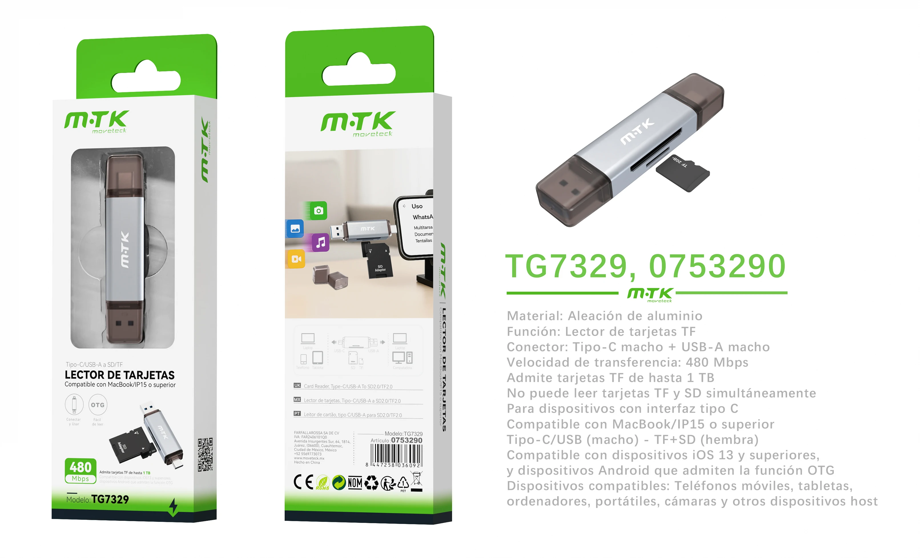 Lector de Tarjetas MTK USB 2.0, Doble Interfaz USB-A y USB-C, Ranuras para SD y TF, Velocidad 480Mbps, Carcasa de Aluminio Ultradelgada – Plug & Play para PC, Mac, Laptop, Tablet y Smartphone
