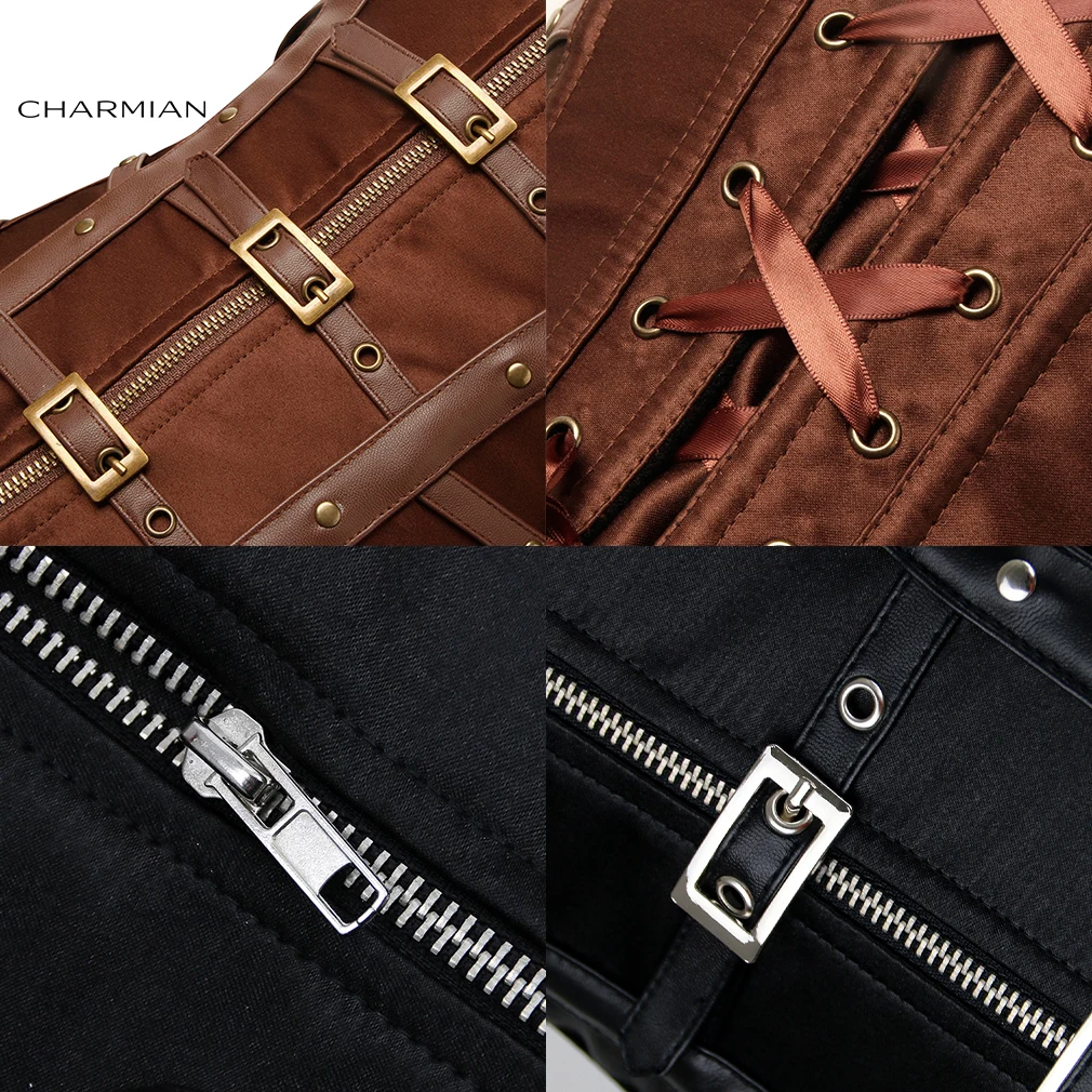Charmian Steampunk Leather Corset Top Women Sexy Gothic Satin Boned Rivet Buckle Zipper Overbust Corset Bustier Plus Size Goth
