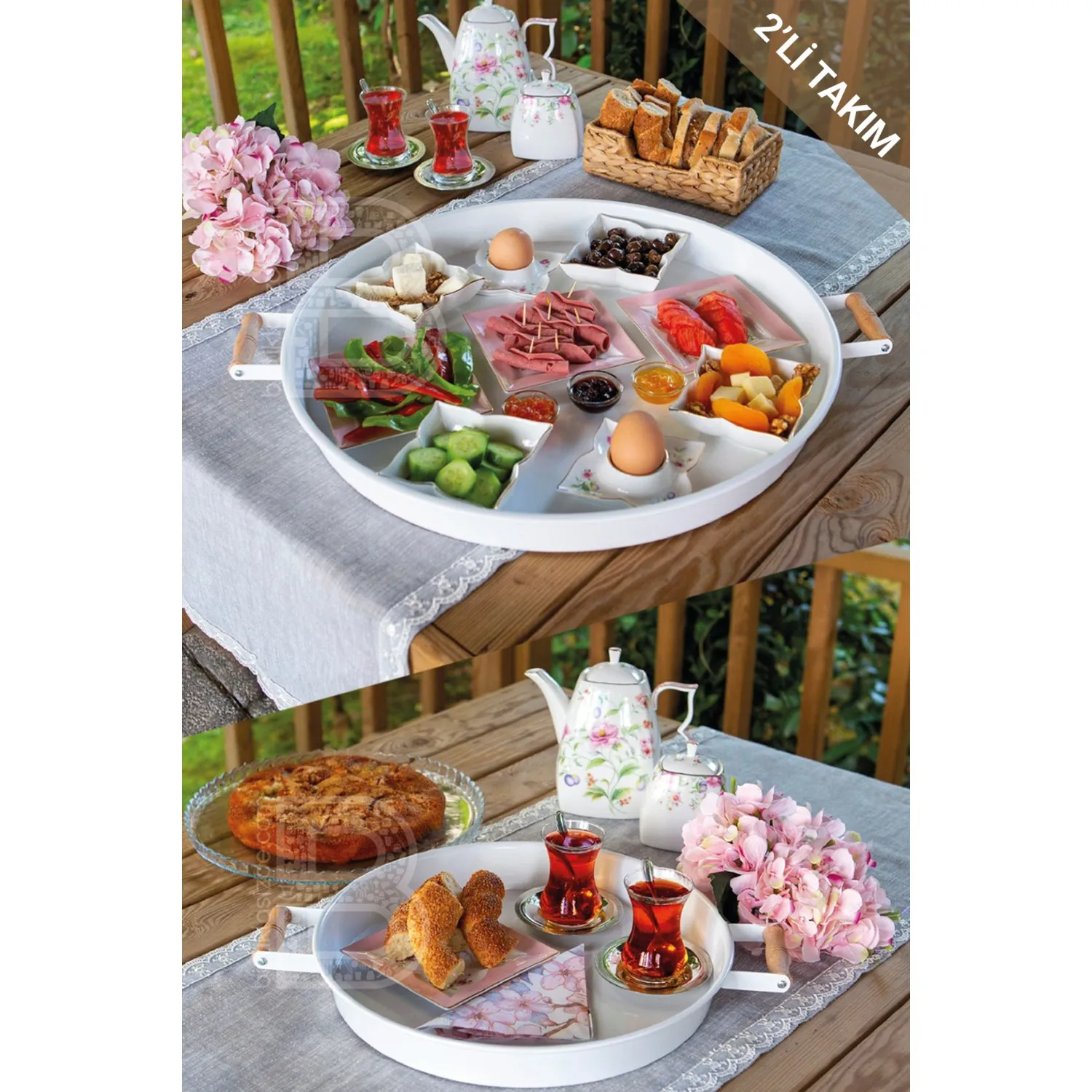 

2 шт., металлический круглый поднос с деревянной ручкой, поднос для презентаций, поднос для чая, кофе, поднос для завтрака, 51-37 см, быстрая доставка из Турции