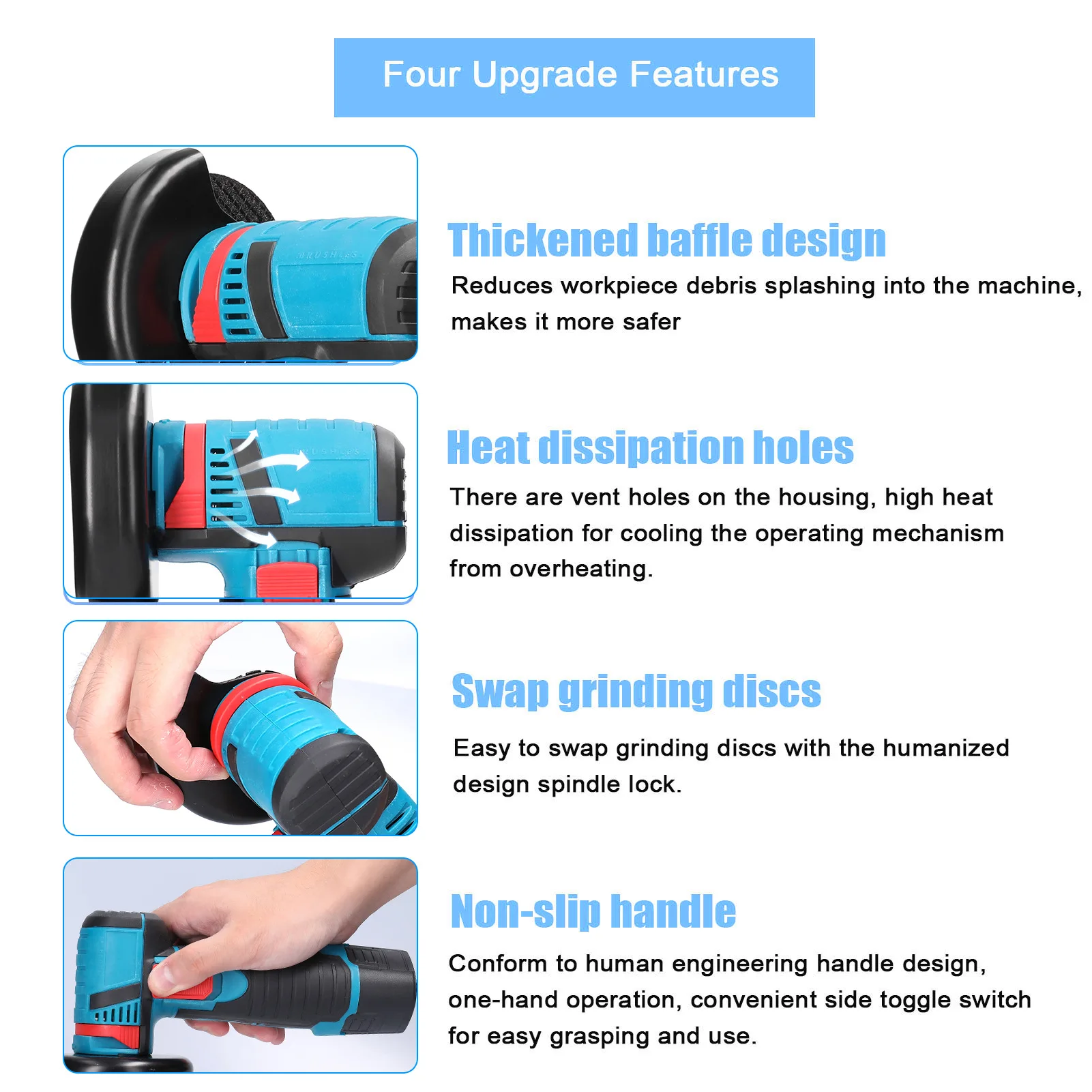 Angle grinder placed next to accessories