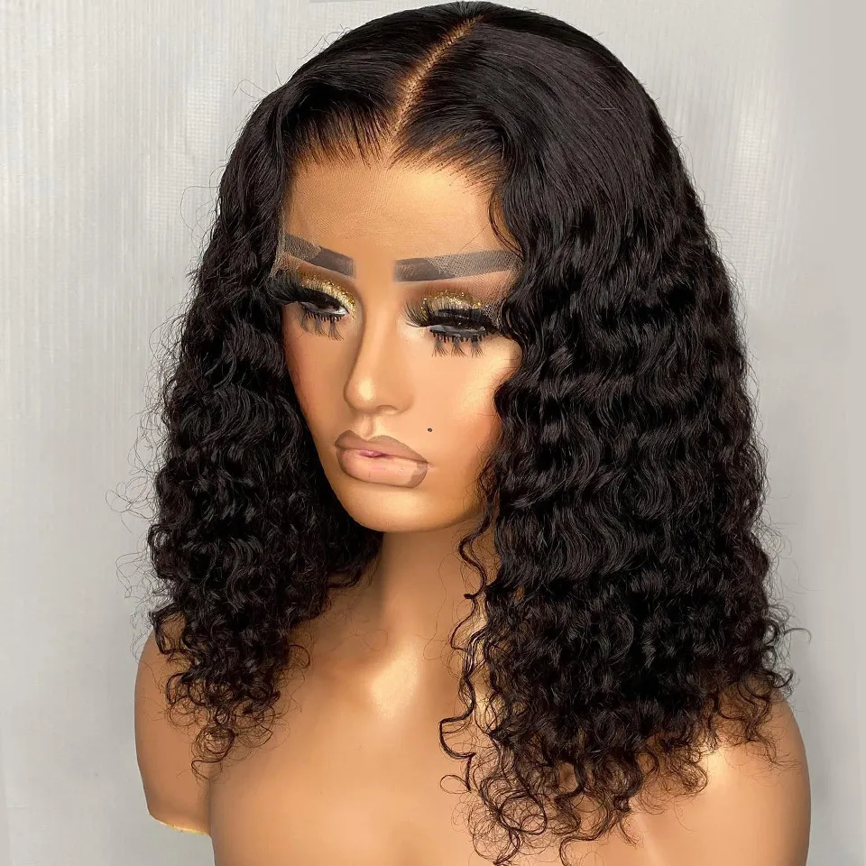 

Brazilian Deep Wave Frontal Wig Transparent 13x4 Lace Human Hair Wigs for Women 4x4 Closure Curly Short Bob Pre Plucked 180%