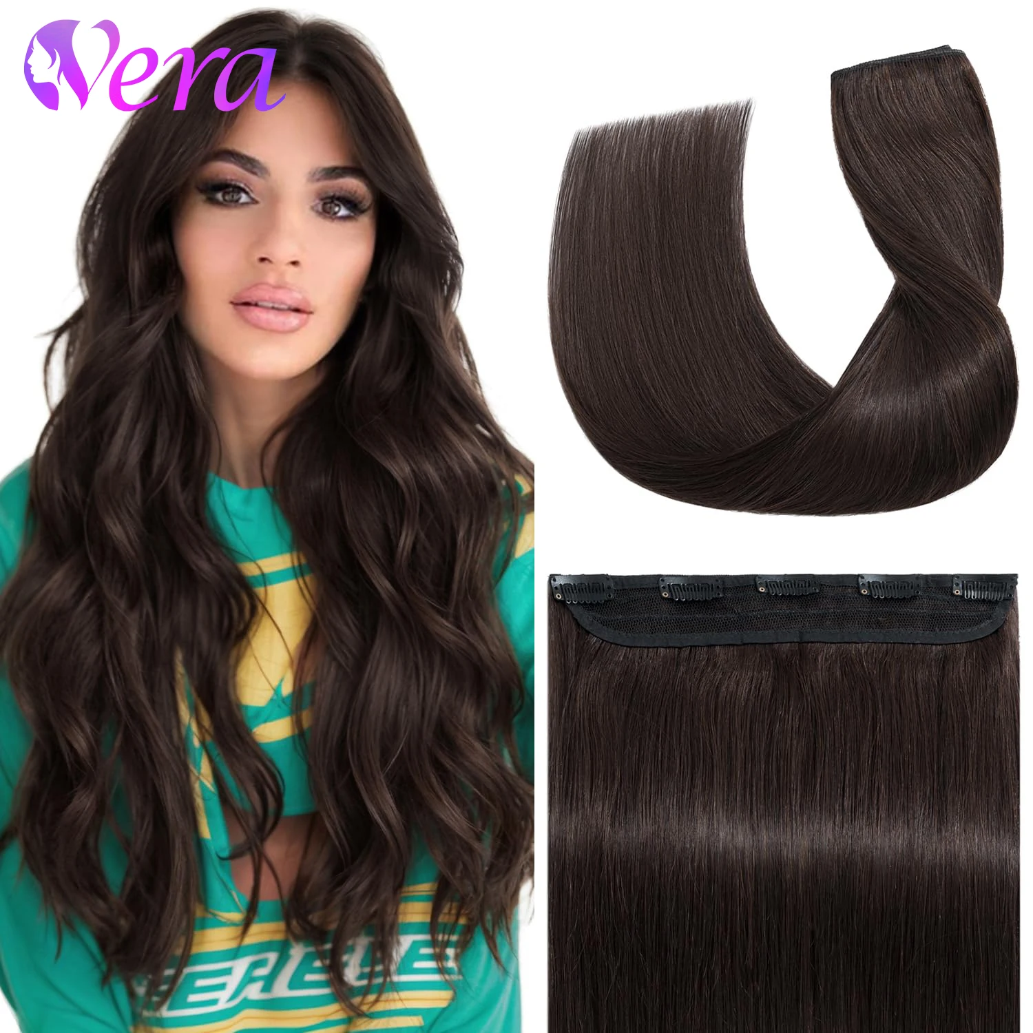 One Piece Hair Extensions Clip Ins Human Hair 5 Clips 3/4 Full Head Clip On Dark Brown Color Remy Extensions For Women