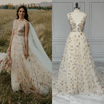 V-Neck Shiny Stars Tulle A-line Wedding Gown for Woman Low Back Seqined Lace Prom Party Evening Dress