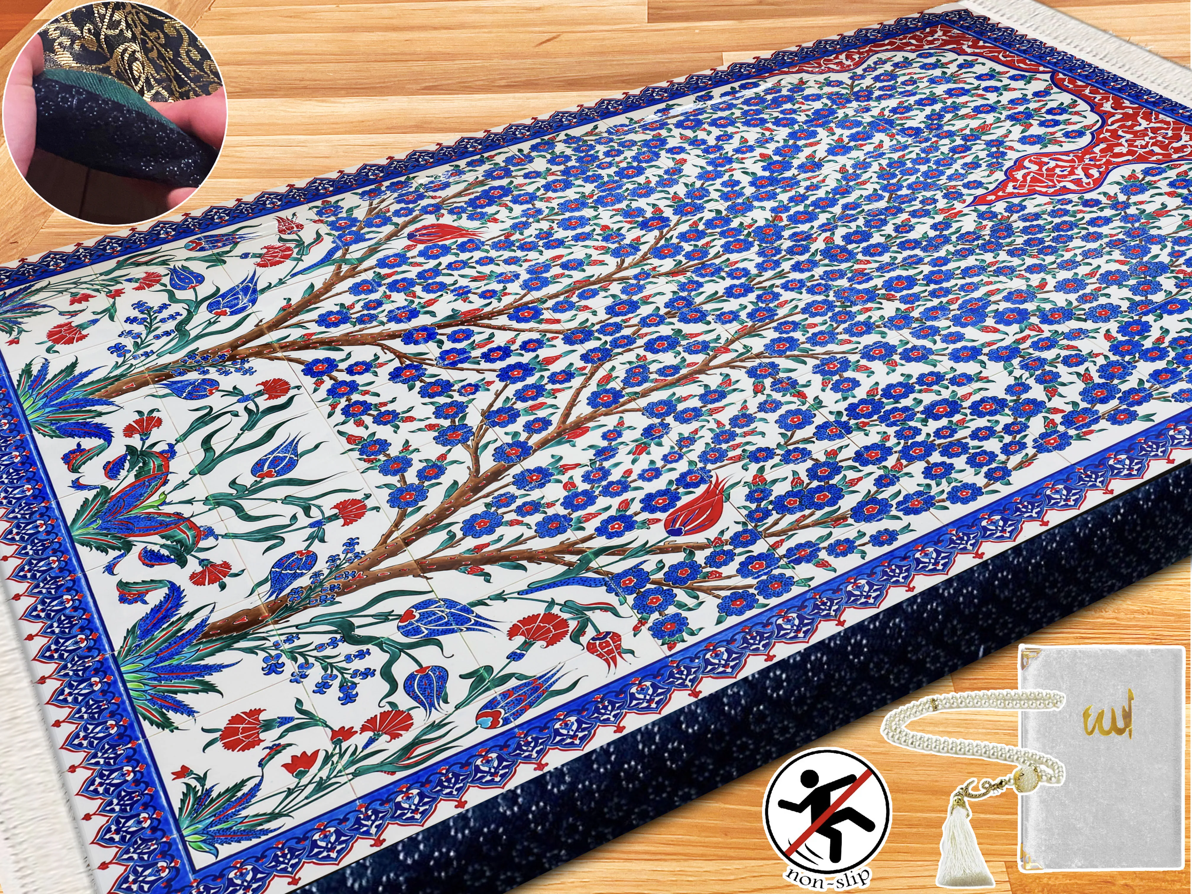 

Extra Thick Foam Padded Turkish Luxury Tile Art Prayer Rug, Yaseen, Soft Praying Mat Carpet & Pearl Tasbeeh, İslamic Gift Set