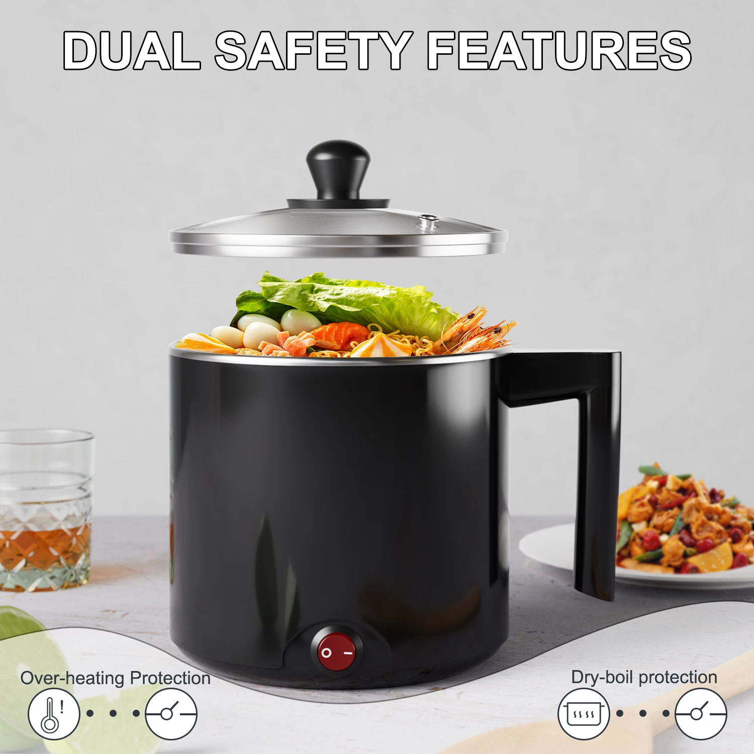 Electric Hot Pot:1.5 L Ramen Cooker, Portable Multi-Functional Pot for Pasta, Noodles, Non-Stick Noodle Cooker for Dorm 6