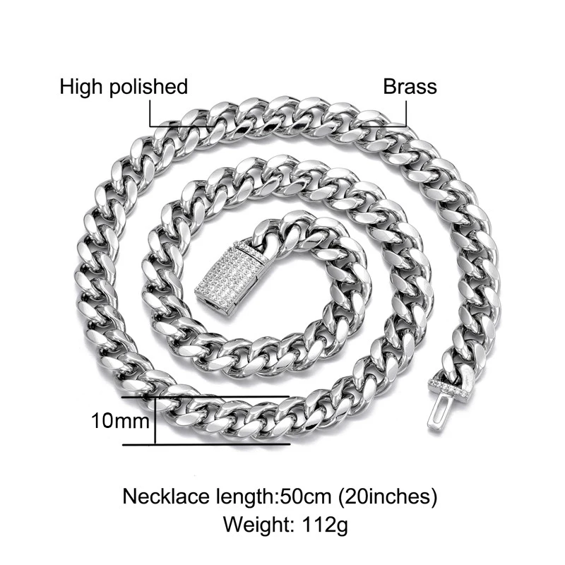 Mens 10mm Stainless Steel Cuban Link Chain Necklace with Box Clasp