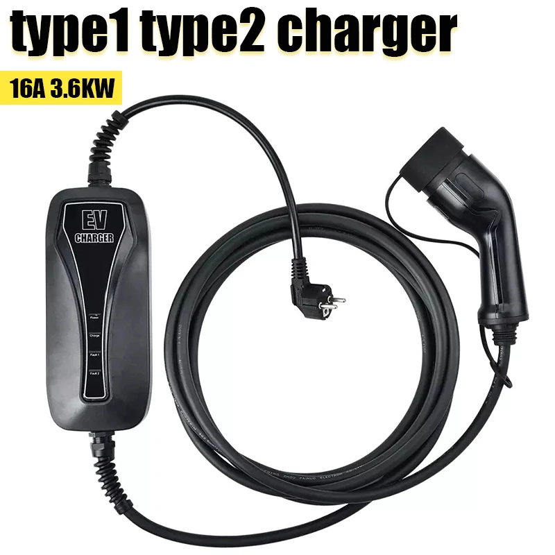 

SAE J1772 Type 1 IEC62196 Type 2 EV Portable Charger 16A Electric Vehicle Charger Cars EVSE Schuko Plug