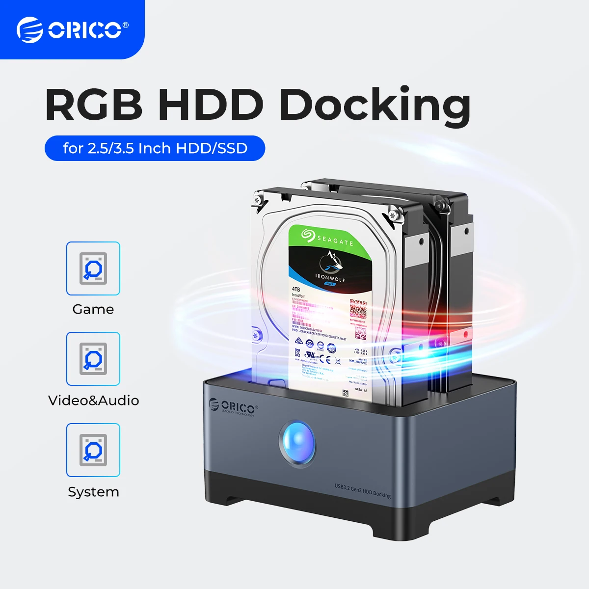 Orico Rgb Hdd Docking Station Tipo-c Alumínio 2.5 3.5 Polegada Hdd Case Rgb Cyberpunk Design 10gbps Velocidade Rápida Baía de Disco Rígido para pc