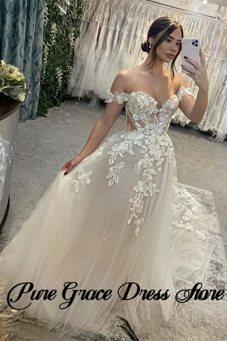 

Elegant Long A-line Off-the-shoulder Sweetheart Appliques Glitter Wedding Dress Sleeveless BacklesBridal Wedding Gowns for Women