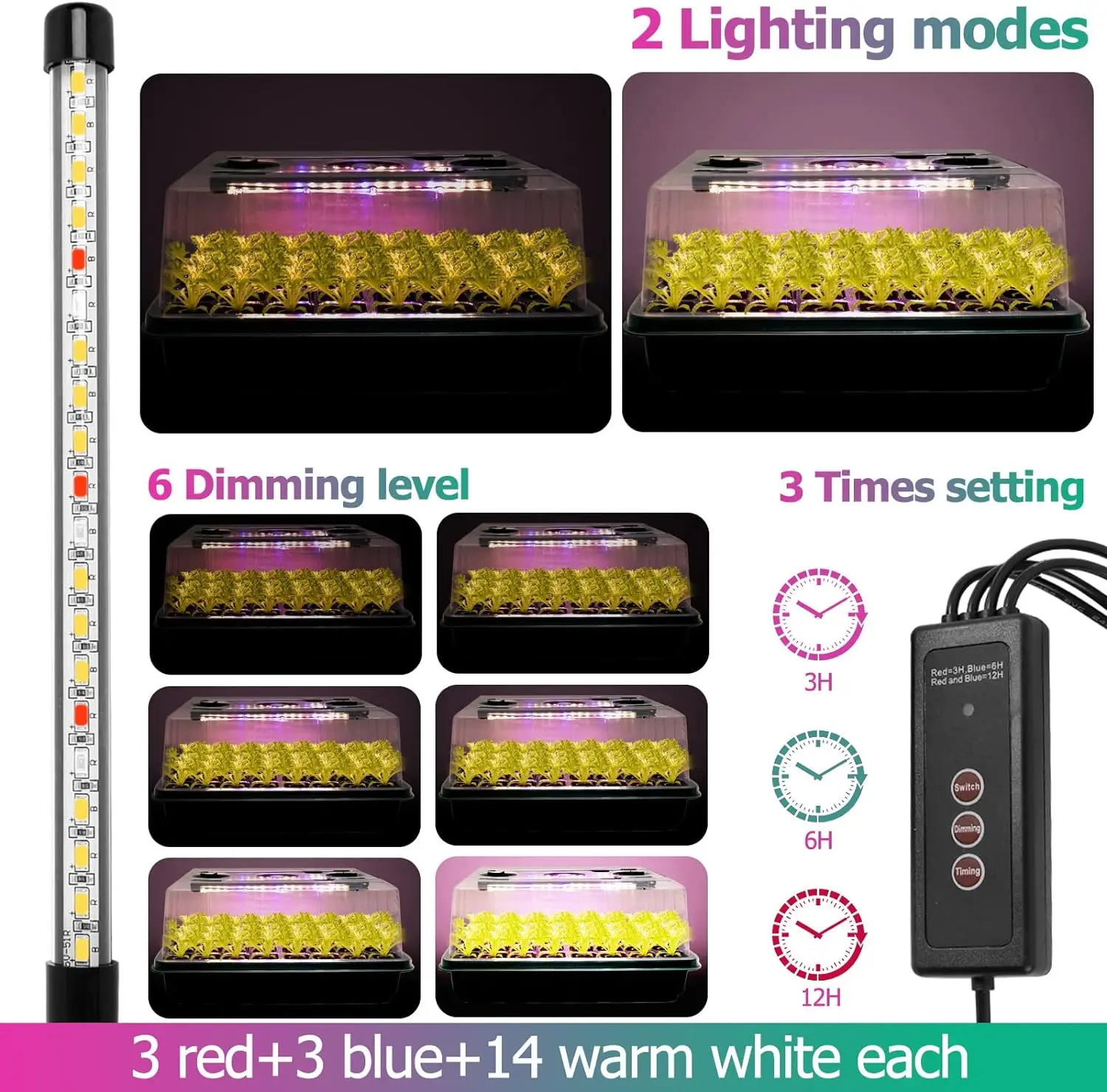Seed starter tray with grow light, 36-cell seed germination kit, with humidity dome,and adjustable three-color lighting. 3