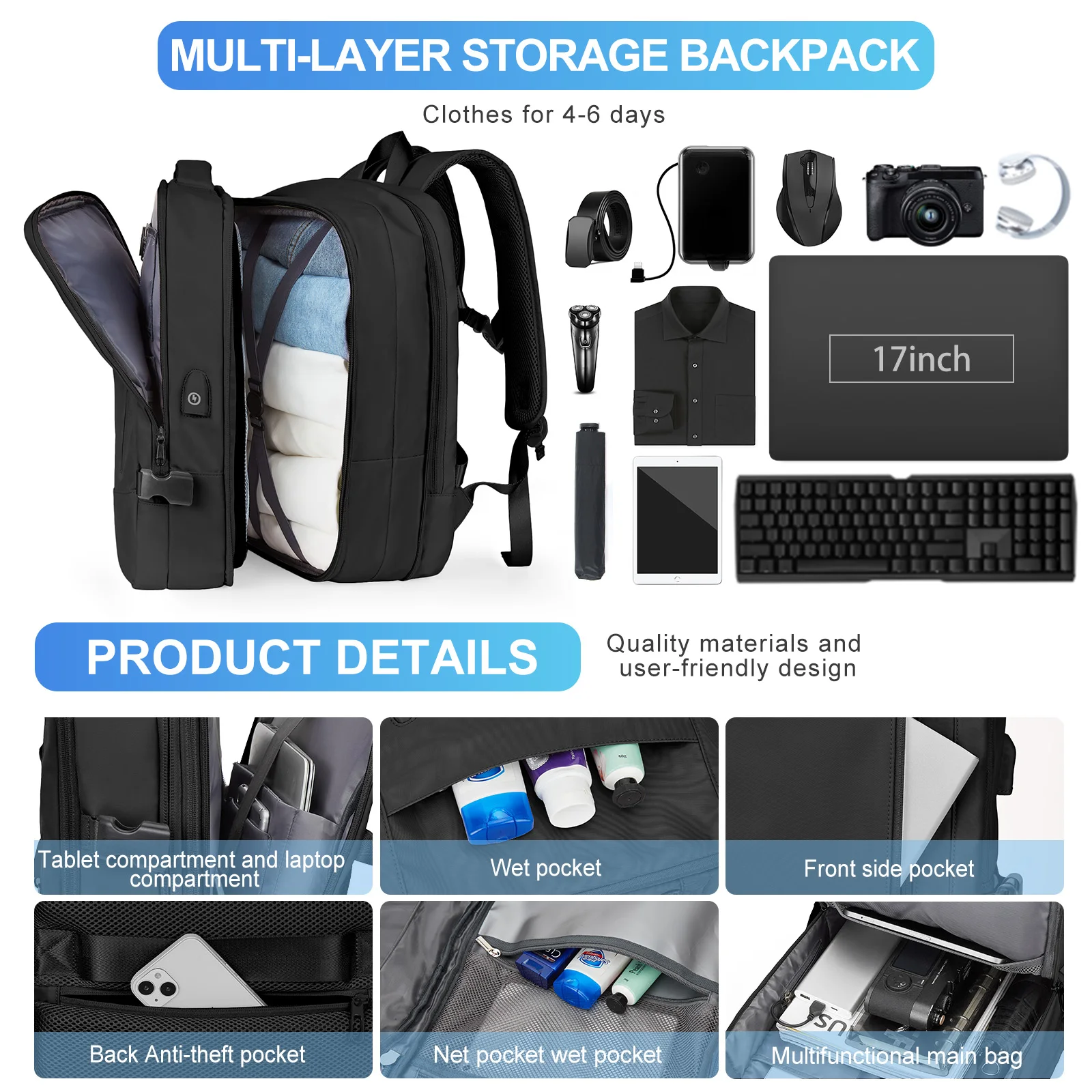 Men's Minimalist Business Travel Backpack Large Expandable 17 inch Laptop Backpack Anti-Theft Trip Luggage Bag with USB Charging