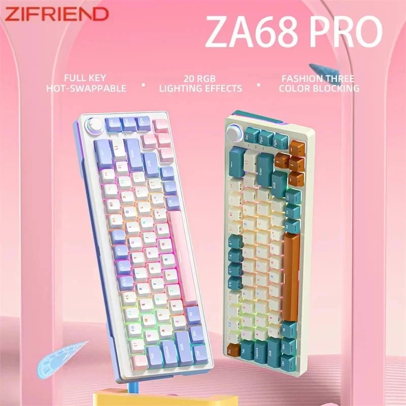 Zifiend za68 pro 68 teclas 3 modos teclado mecânico pbt rgb