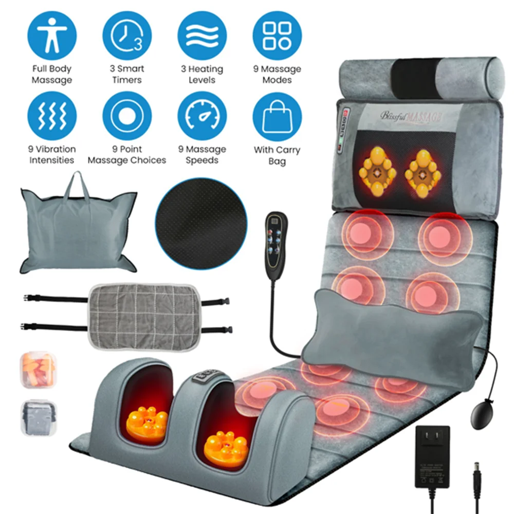 Full Body Vibration Massage Mat with Neck & Foot Massager Full Body Heated Massage Mat Electric Shiatsu Back/Neck/Leg Massager