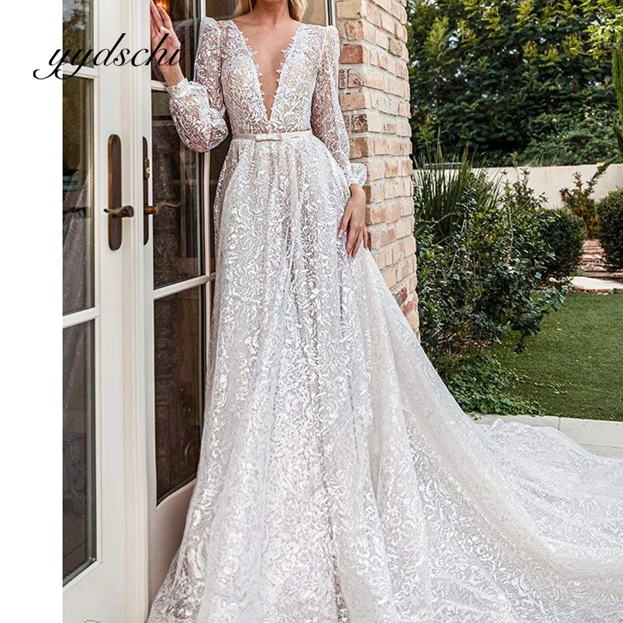 

Deep V-Neck Wedding Dress Lace Applique Bridal Bohemian Court Train Beach Illusion Backless Long Sleeve Dresses for Women 2023