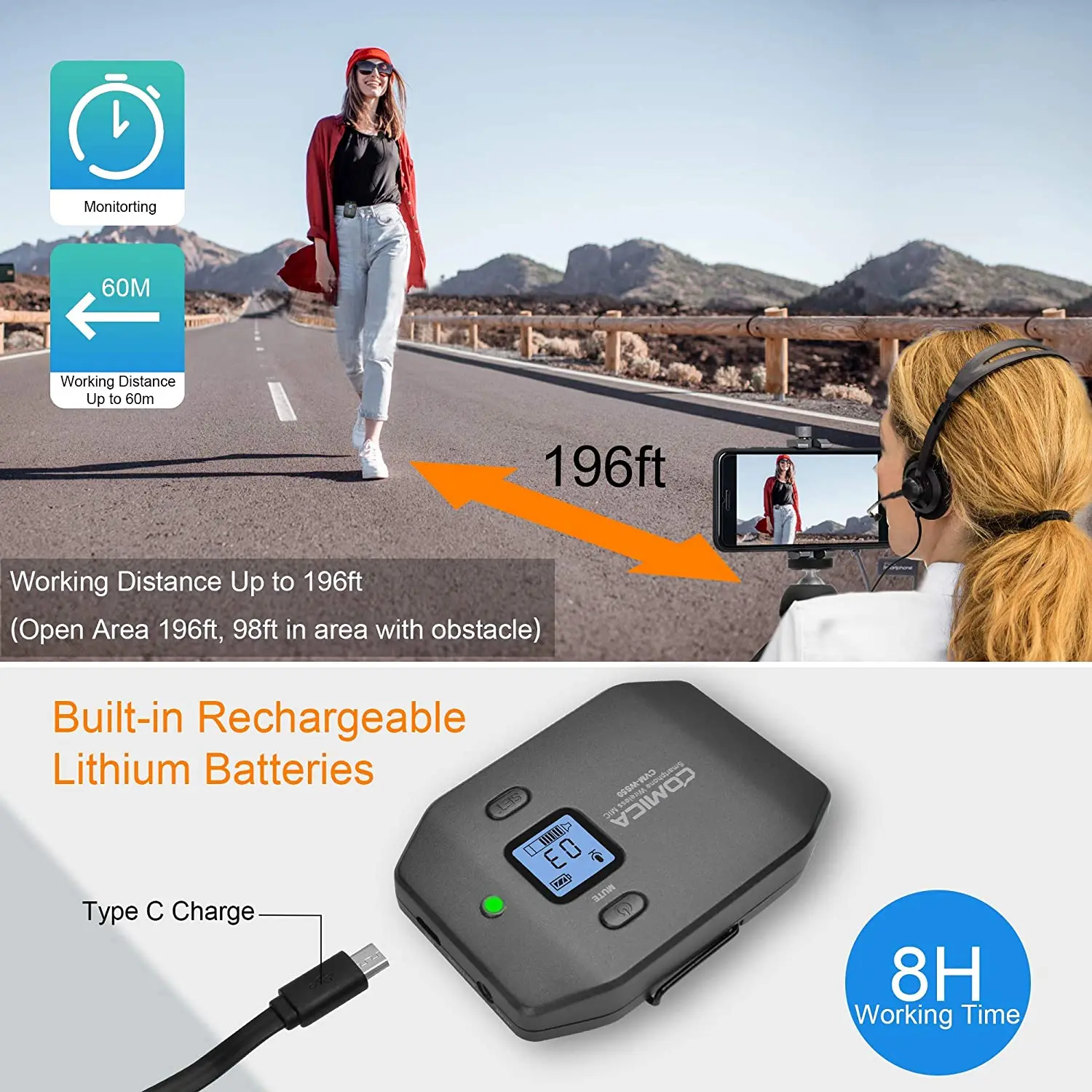 Comicaワイヤレス電話用マイクCVM-WS50（B）iPhone用ハンドグリップ付きプロフェッショナルUHF 6チャンネルラヴァリアーマイクシステム8 8 plus 7 7plus 6 Comicaワイヤレス電話用マイクCVM-WS50（B）iPhone用ハンドグリップ