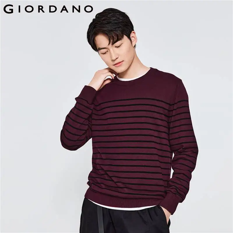 

Giordano Men Sweaters Stripe Crewneck Cotton Knitwear 100% Cotton 12 Atitch Knitting Stripe Crewneck Casual Knitwear 13052602