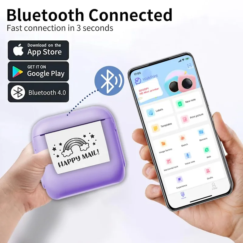 무선 미니 휴대용 열전사 라벨 프린터 세트, 203dpi HD 인쇄, 다양한 색상 옵션, 무선/USB/배터리 전원 지원