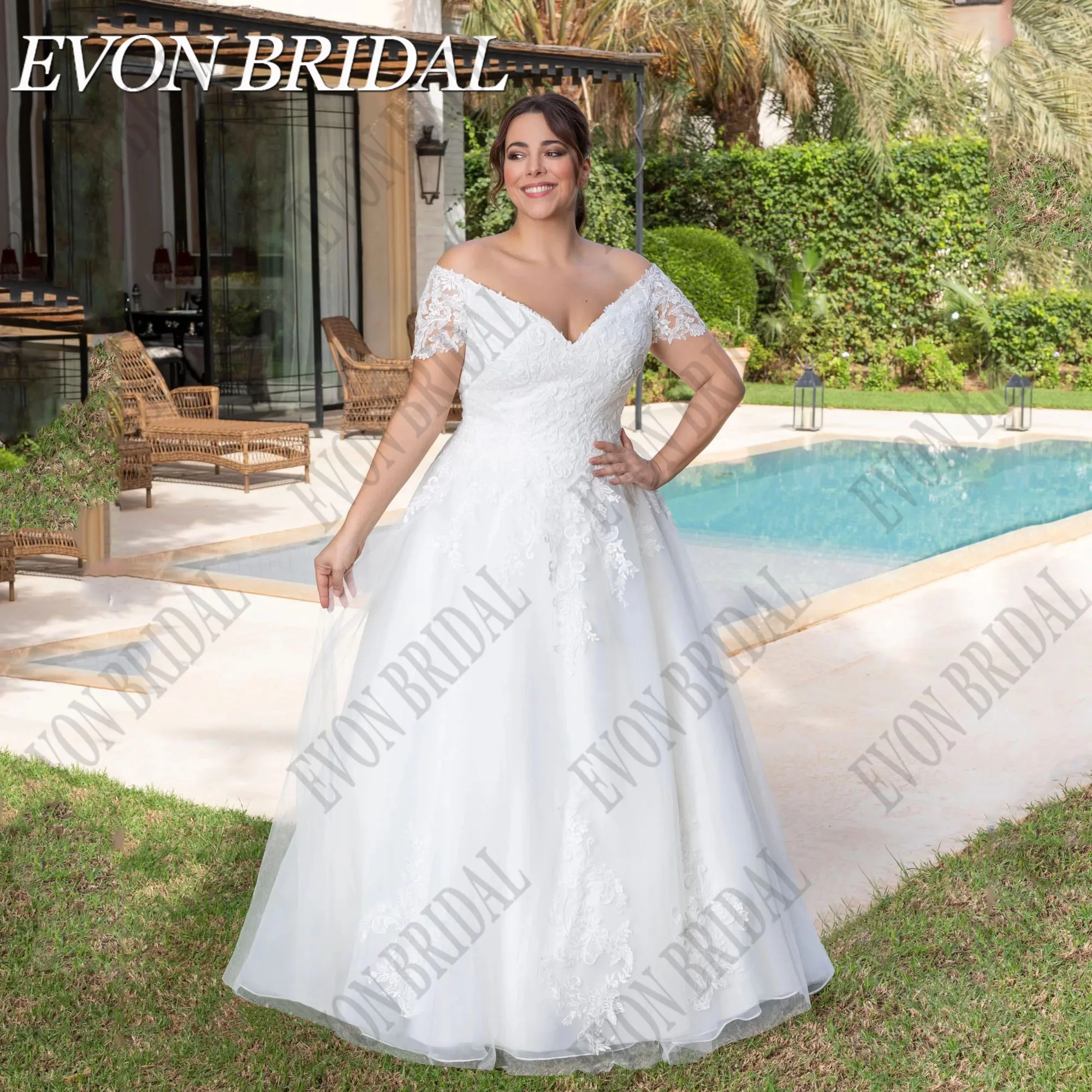 EVON BRIDAL Off Shoulder Wedding Dress Plus Size Woman Bride Lace Up V-Neck A-Line Tulle Applique Custom Made Robe De Mariée 3