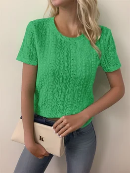 Women's Eyelet Embroidered Short Sleeve Top Crew Neck Casual Summer T-Shirt 5