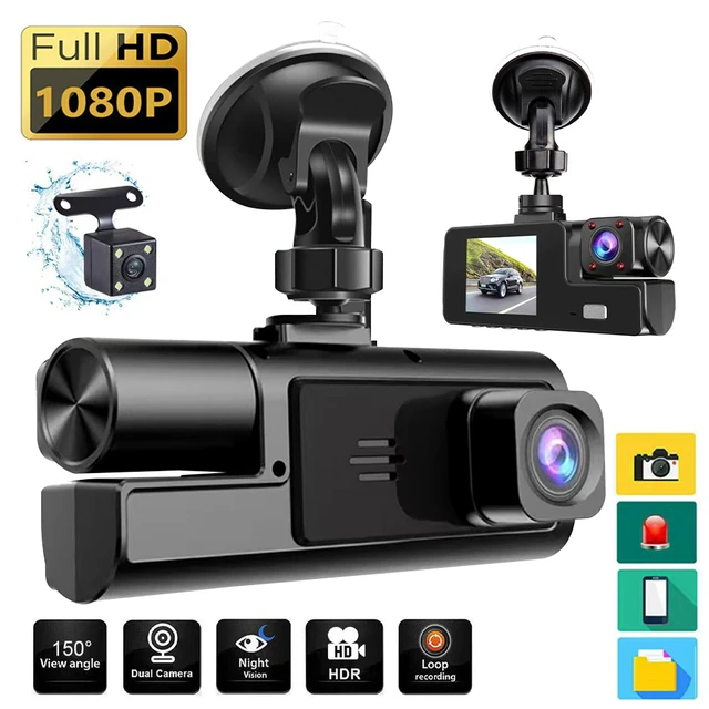 Dash Cam, 3 Channel Dash Cam, 1080P Front and Inside, Triple Dash Camera  with 32GB Card, HDR, G-Sensor, 24Hr Parking, Loop Recording