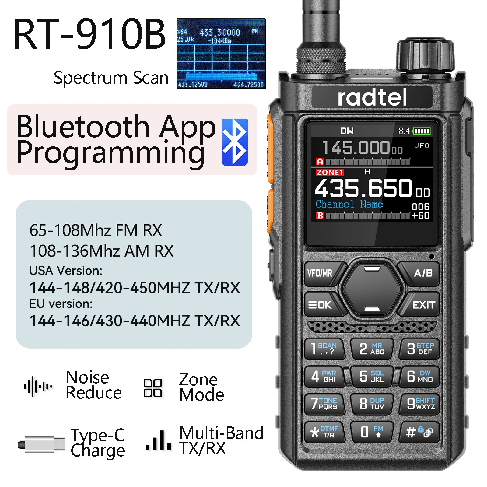 Bluetooth Programmable Walkie-Talkie with 960 Channels and AM/FM Air Band