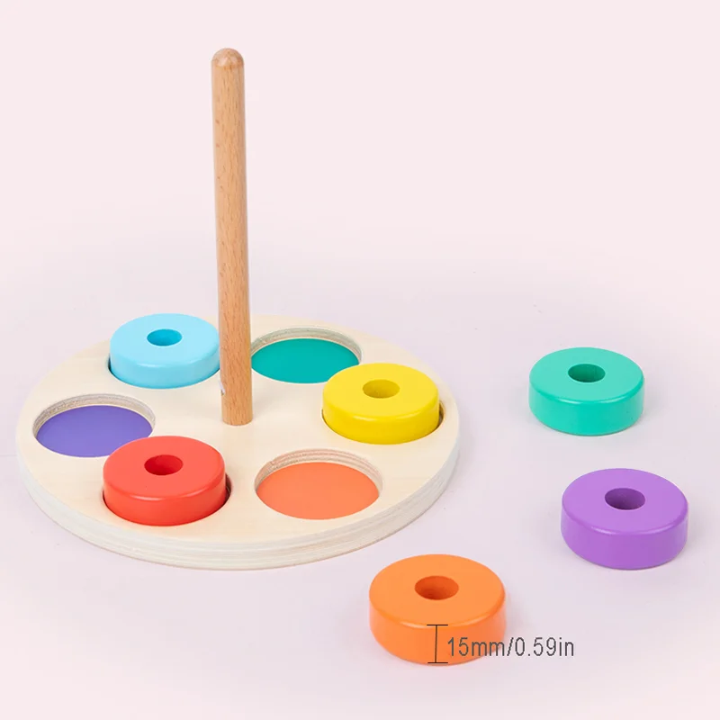 Early education rainbow ring, color cognition enlightenment, hand-eye coordination training, wooden classification column toys 2